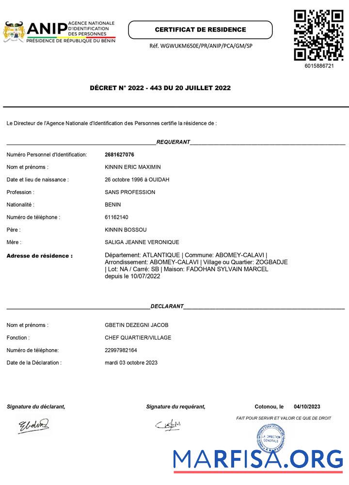 Blank Benin ANIP Agence Nationale d’Identification des Personnes residence certificat example